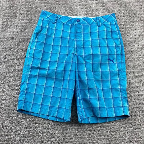 Puma Chino Golf Shorts Men 32 Blue Plaid Outdoor Sports Golf Golfer Active Wear - Picture 1 of 10